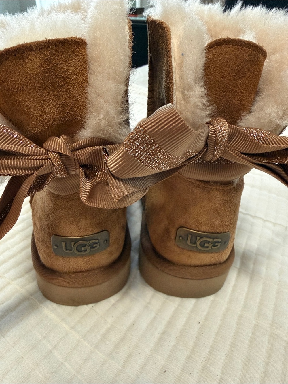 UGG Chestnut Suede Bow-Back Shearling Short Boots